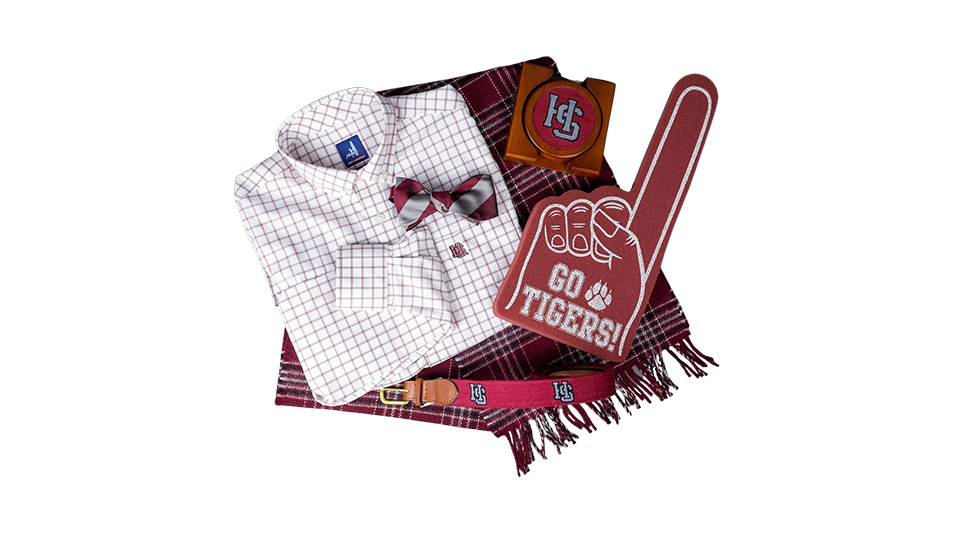 a photo of a Hampden-Sydney College bowtie, scarf, spirit finger, and a white button down shirt
