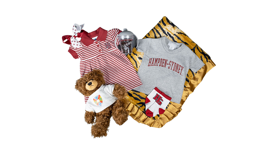 a photo of a Hampden-Sydney College baby dresses, t-shirt, plush tiger, and baby blanket