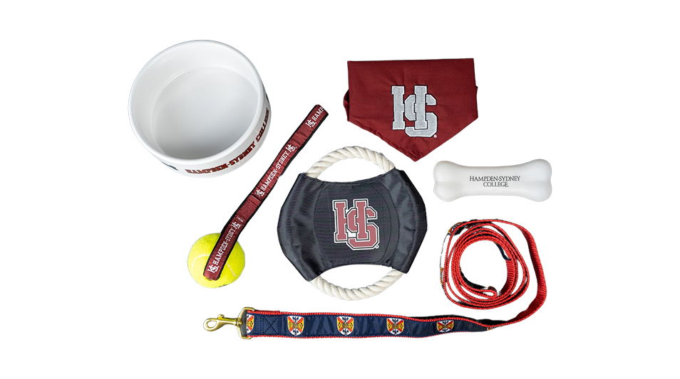 a photo of a Hampden-Sydney College dog toys, kerchief, leash and collar
