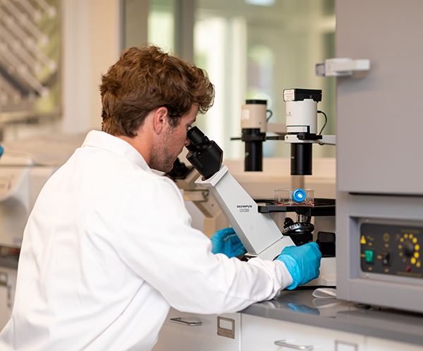 student in gloves and labcoat looking through a microscope