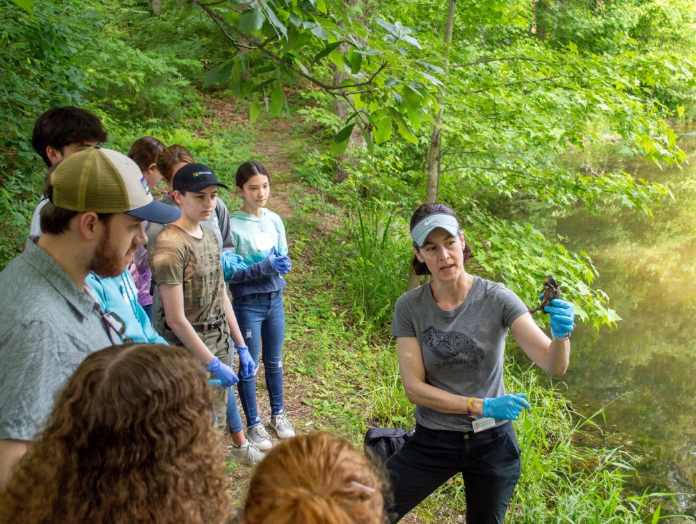 Professor standing on the edge pf the pond showing students a turtle