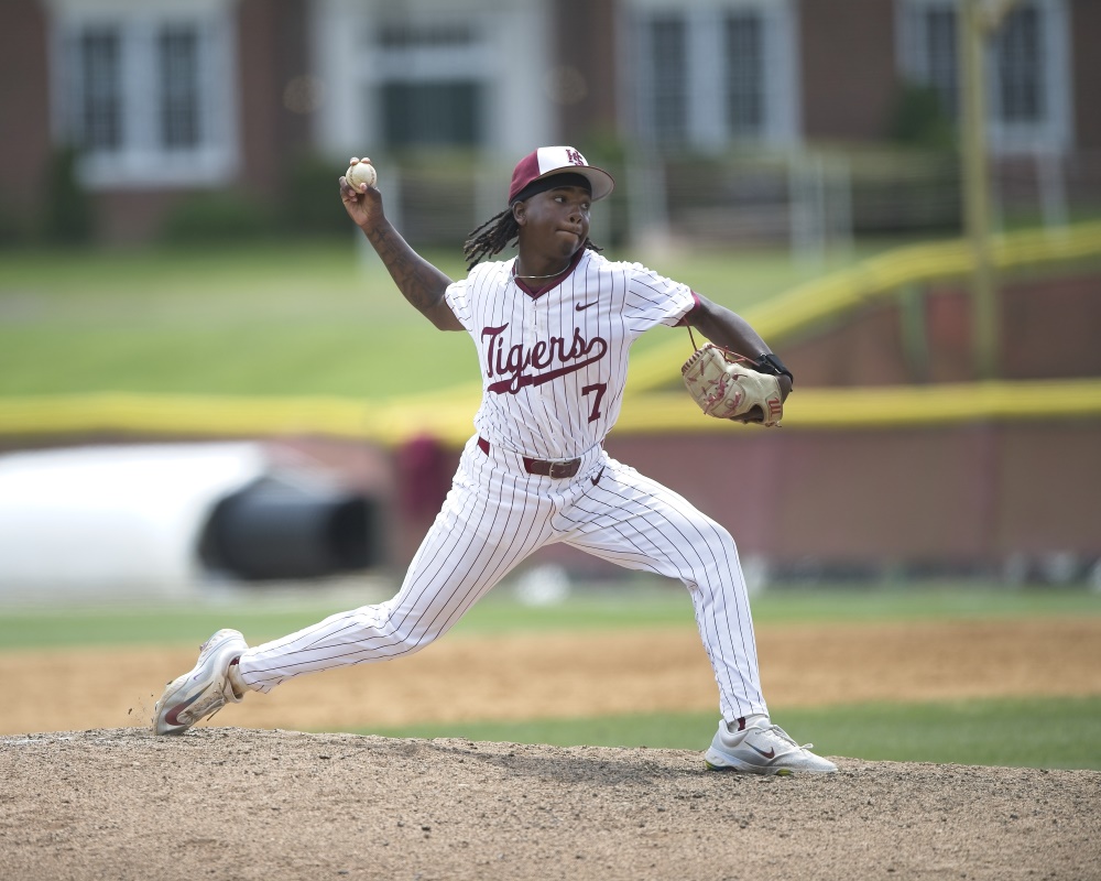 Alex Fitz-Hugh on the baseball mound throwing a pitch