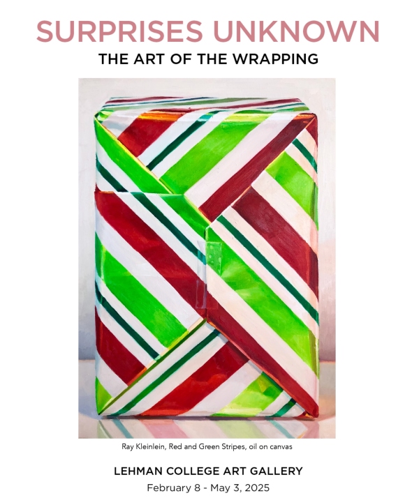 a poster with a gift-wrapped package image on it advertising Kleinlein's exhibit 