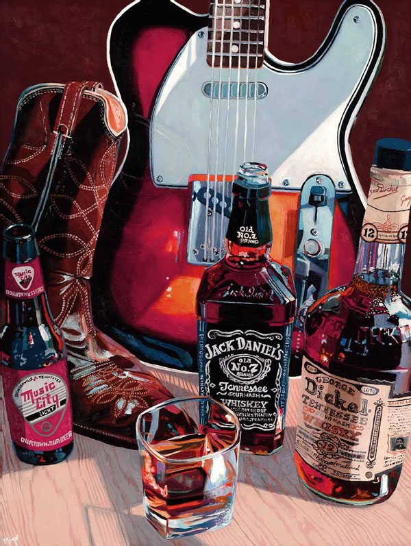 Painting of guitar, boots and whiskey