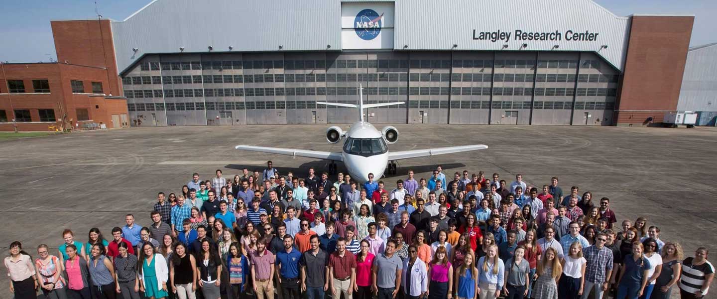 Wes Kuegler '18 and crowd at NASA's Langley Research Center hangar
