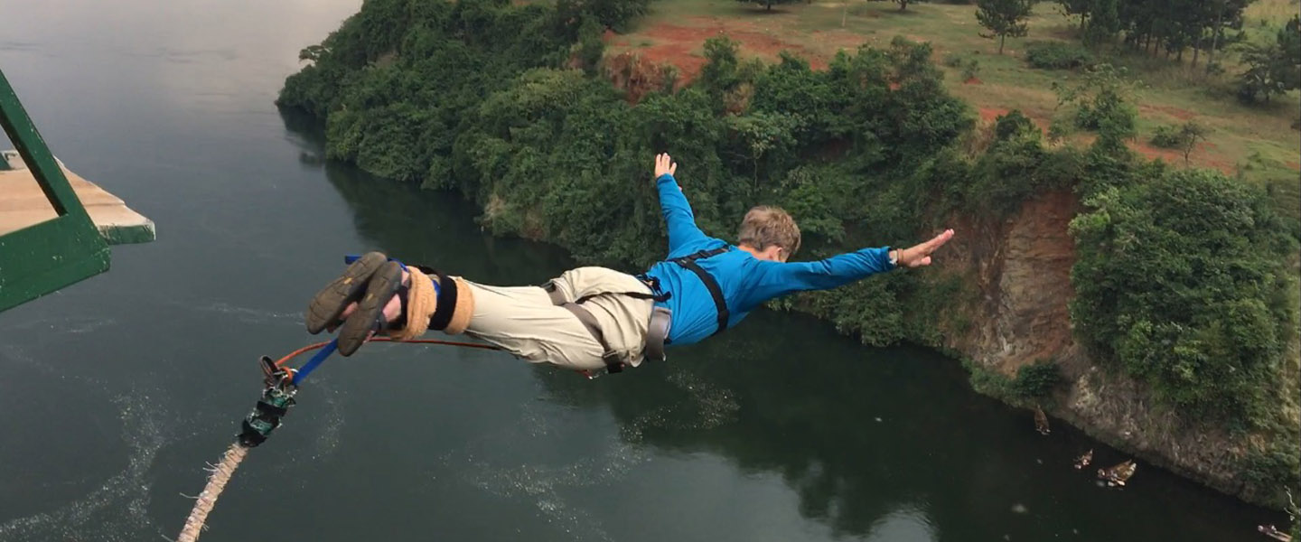 Hunter Williams bungee jumps over the Nile River outside of Kampala, Uganda