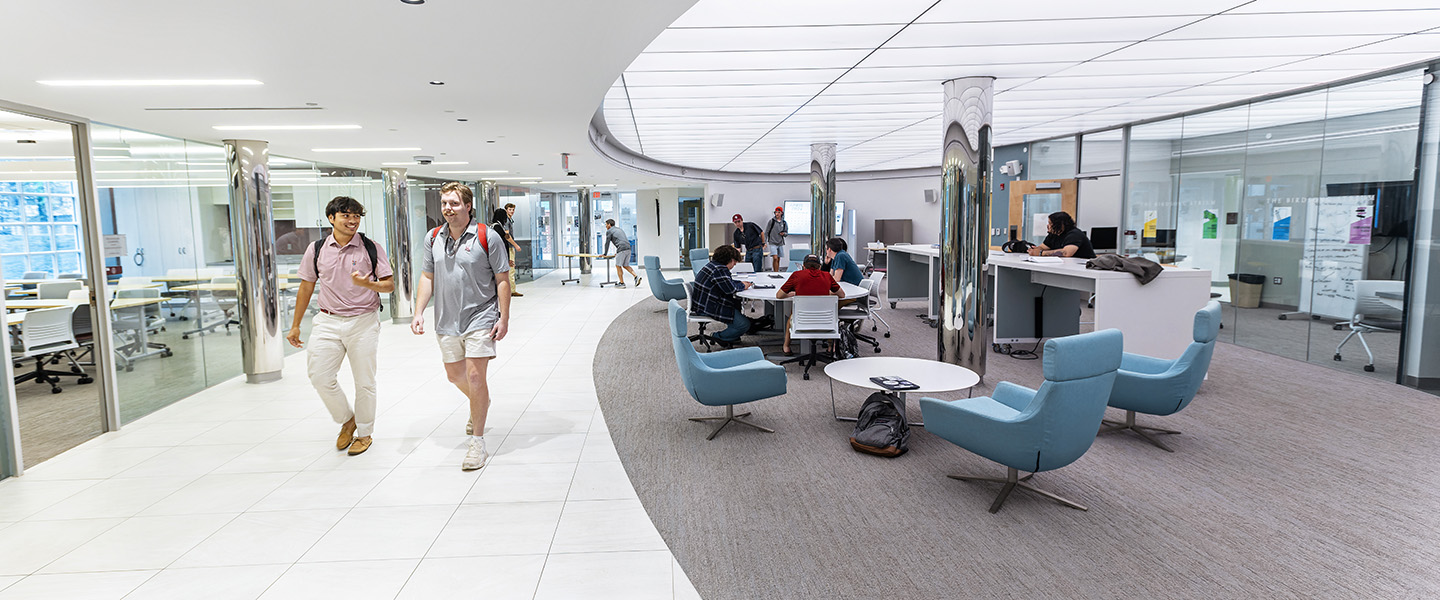 Hampden-Sydney College students gathered and walking through the modern, bright Pannill Center for Communications
