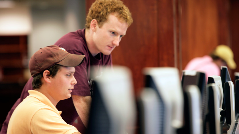 Students work at computers in the Bortz Library