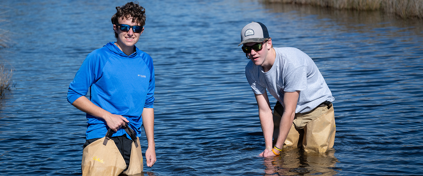 Hampden-Sydney student volunteers working in the water at Hatteras Island 