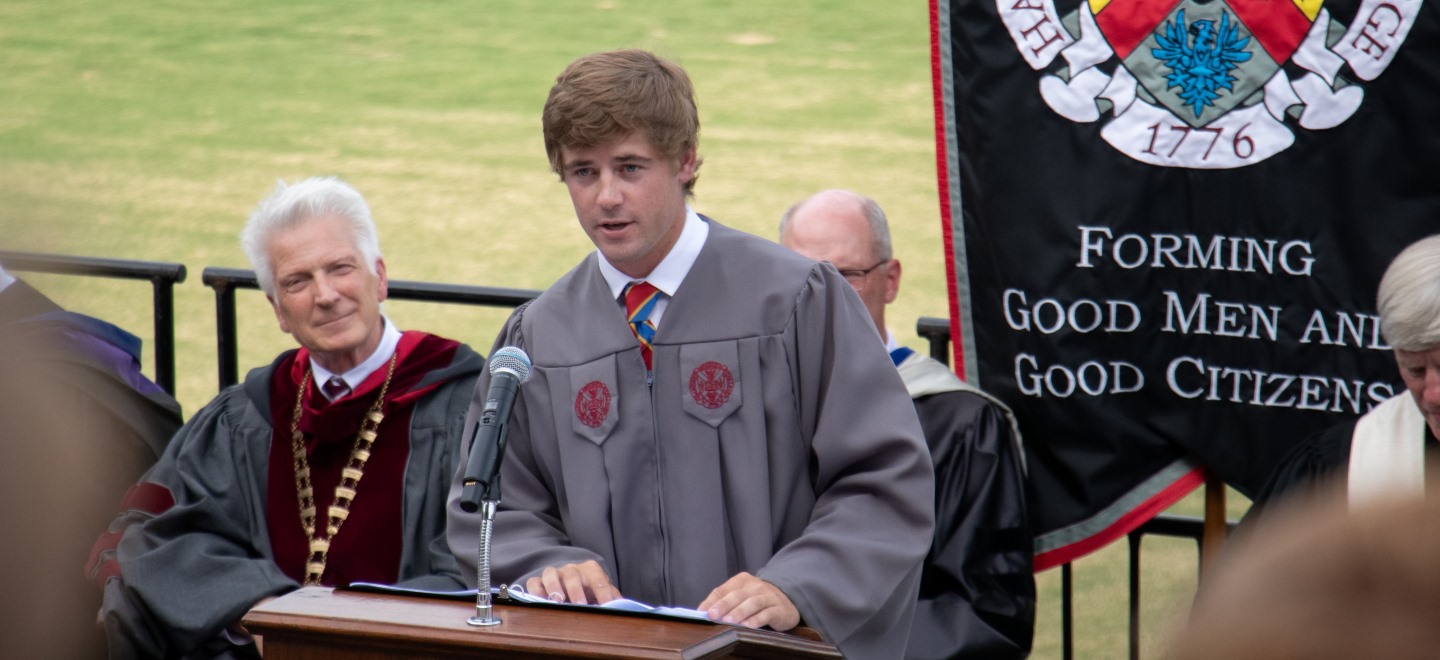 Student leader speaks before the student body at Hampden-Sydney College Commencement 2019