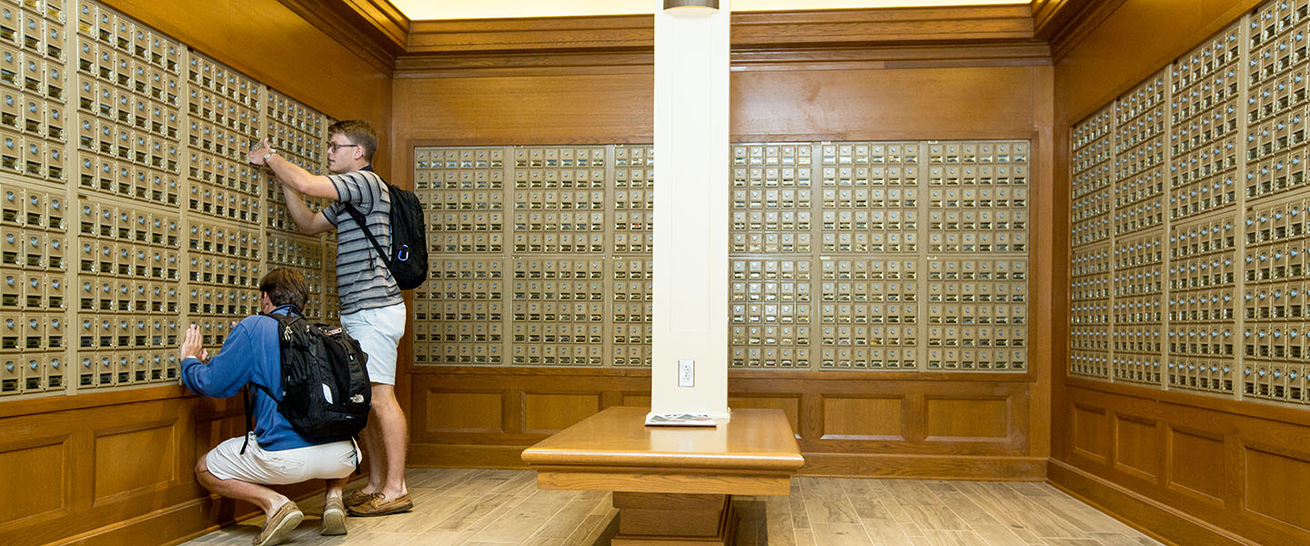 Hampden-Sydney students getting mail at the College Post Office